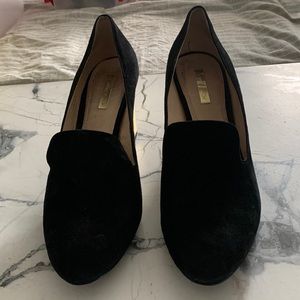 Dark Navy Suede with gold leather heels by Louise et Cie.